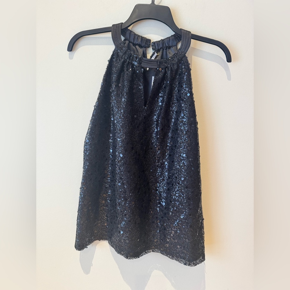 T Tahari Black Sequin Halter Neck Top